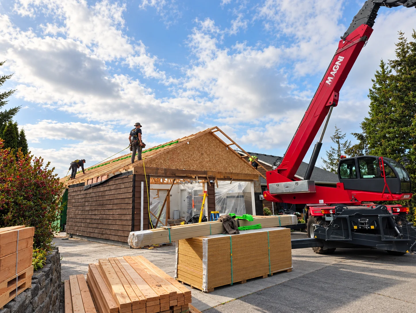 AI-enhanced review illustration of a crew working on roof framing with a telehandler beside the building